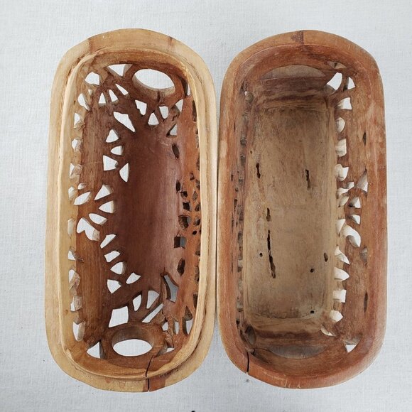 Folk Art Carved Wood Bread Basket Decor Box Wildlife Elephant Rhino Lion Safari - Picture 7 of 12